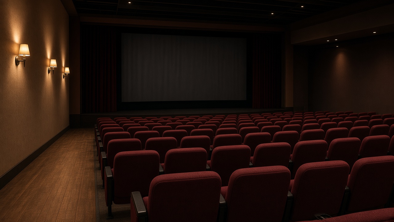Small auditorium with burgundy seats and the screen still dark