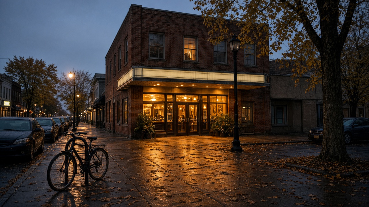 Brick cinema on Front Street at dusk, marquee lights reflected on the wet sidewalk