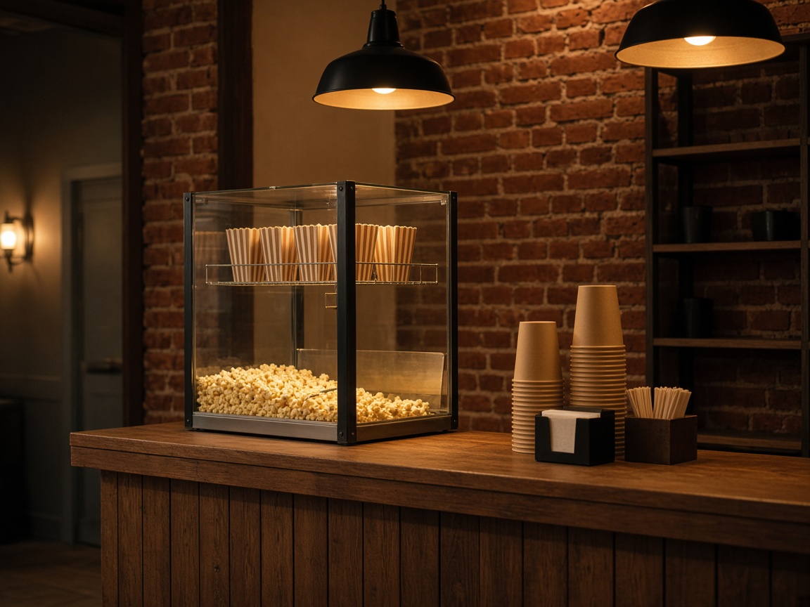 Lobby concession counter with a popcorn warmer and paper cups