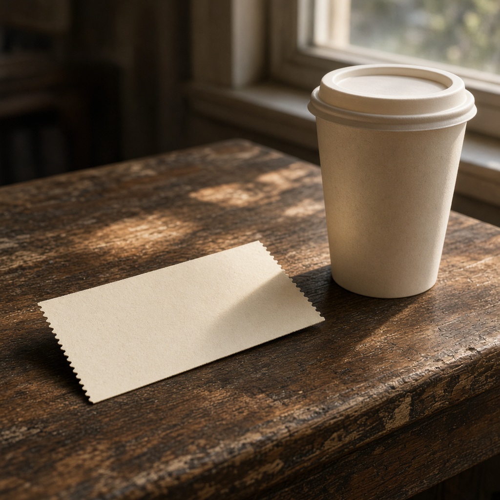 Blank ticket stub and a paper cup on the box-office counter